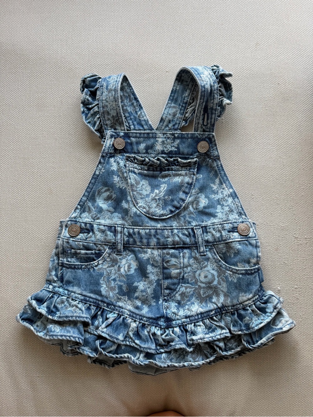 LoveShackFancy Blue Floral Denim Ruffle Overalls - Kids